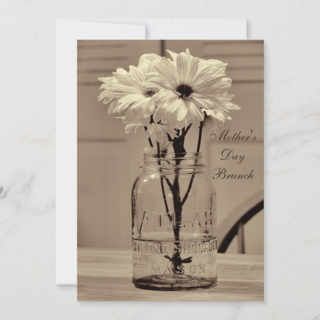 Mother's Day Brunch Sepia Mason Jar & Daisies Invitation (Front)