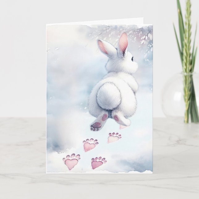 Mother's Day Bunny With Heart Paw Prints Holiday Card (Front)