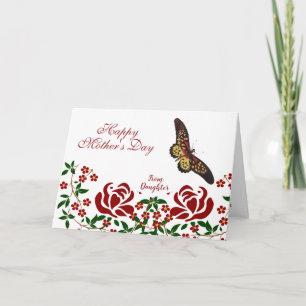 Mothers Day Butterfly Red Roses Green Foliage  Card