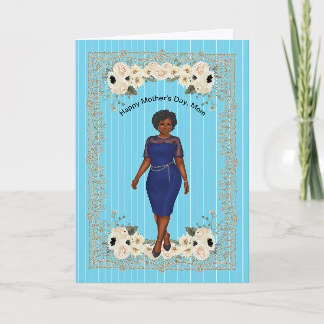 Mother's Day Card for Black Mum Blue with Flowers (Front)