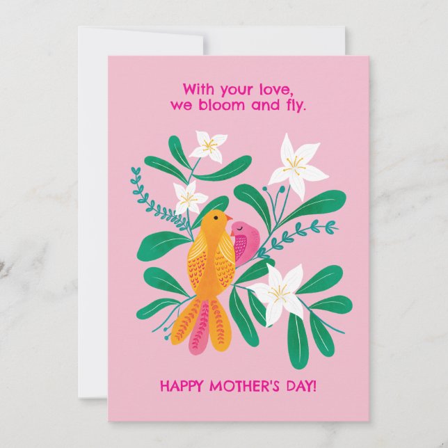 Mother's Day Card, hand drawn birds and flowers Holiday Card (Front)