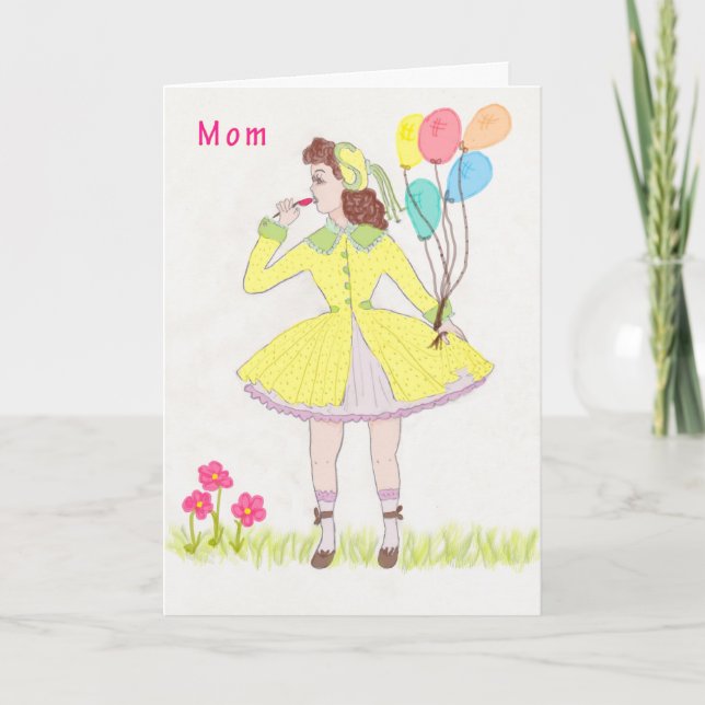 Mother's Day Card, Retro Drawing of Young Girl Card (Front)