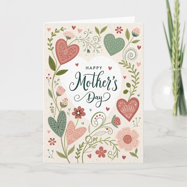 Mothers Day Card with Blush and Green Hearts  (Front)