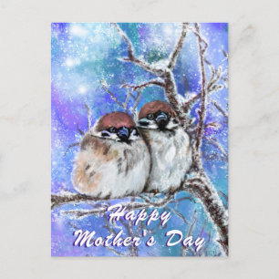 Mother's Day Card with Cute Sparrows In Winter