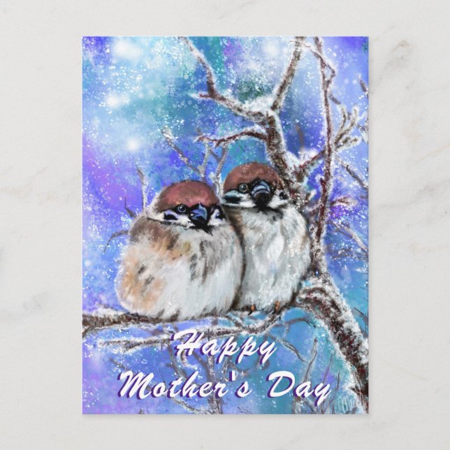 Mother's Day Card with Cute Sparrows In Winter (Front)