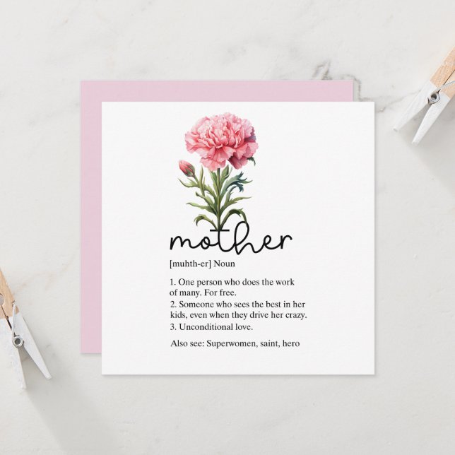 Mother's Day card with Pink Carnation  (Front/Back In Situ)