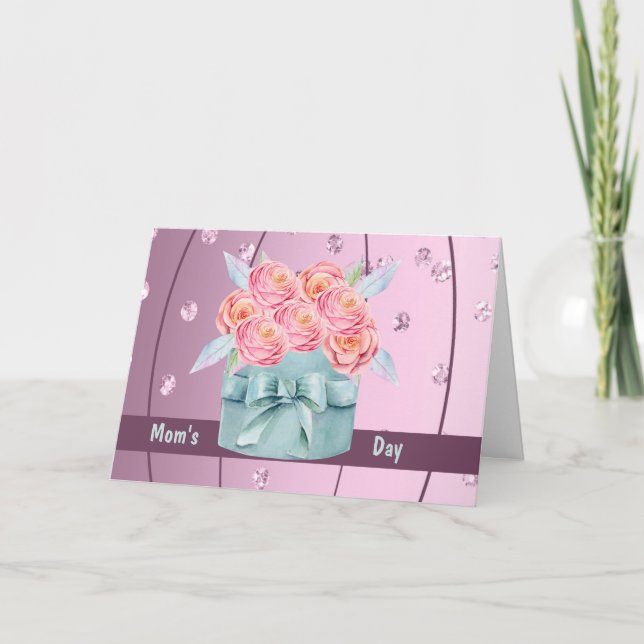 Mother's Day Card with Pink Roses & Faux Diamonds (Front)