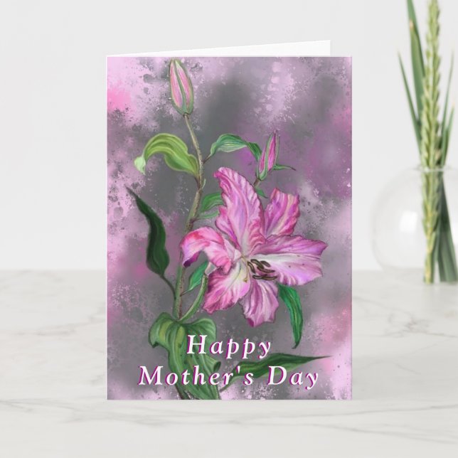 Mother's Day Card with Purple Pink Lily Flowers (Front)