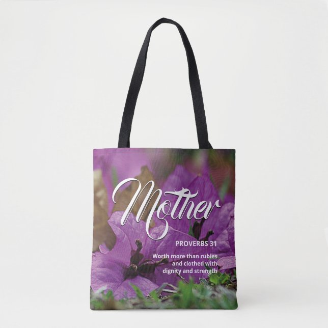 MOTHER'S DAY Christian Proverbs 31 Purple Floral Tote Bag (Front)