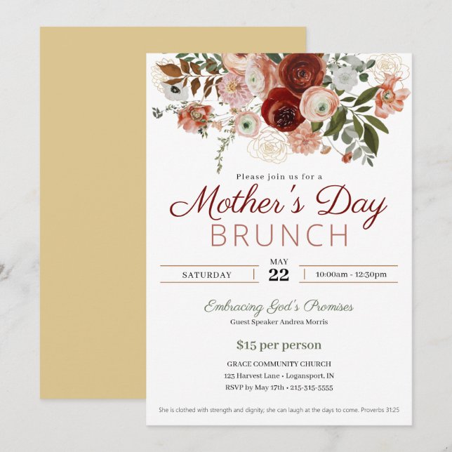 Mother's Day Church Brunch Blush Pink Floral Invitation (Front/Back)