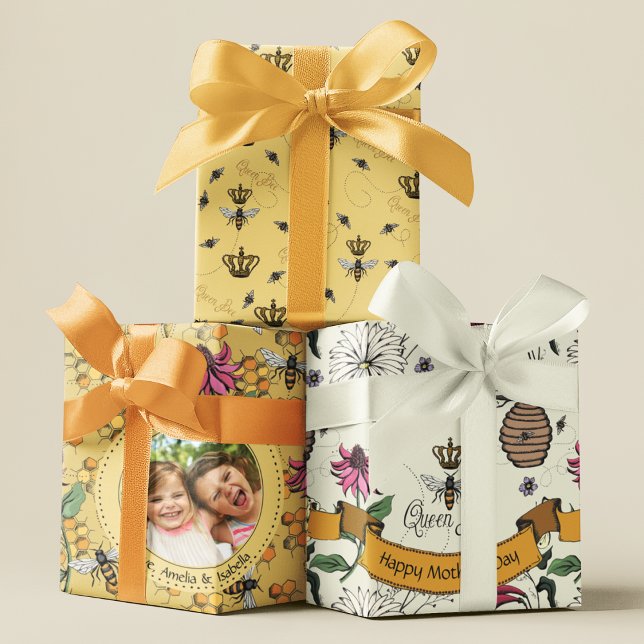 Mothers Day Custom Kids Photo Royal Queen Bee Wrapping Paper Sheet (3 Pretty Hand-Drawn Mothers Day Royal Queen Bee Patterns in Yellow. Custom Photo & Personal Messages)