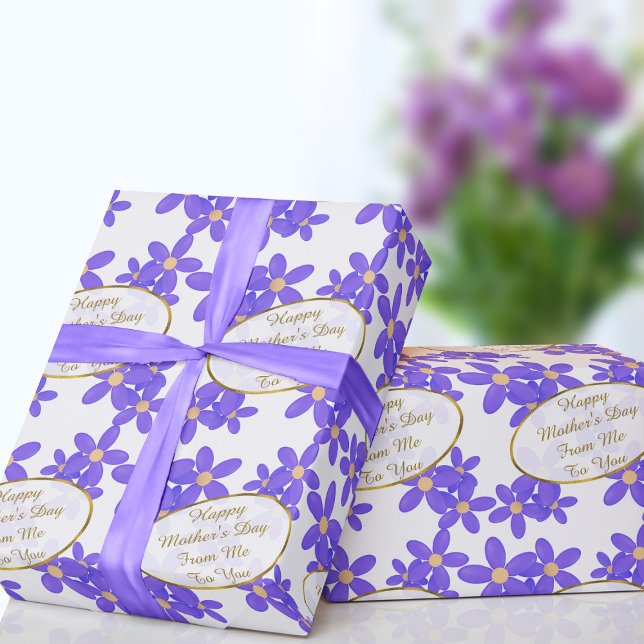 Mother's Day Custom Message Purple Flowers White Wrapping Paper (Add your short Mother's Day message to this cute purple floral wrapping paper and send with love)