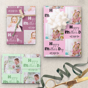 Mothers Day Custom Photo Pink Mint Set of 3 Wrapping Paper Sheet