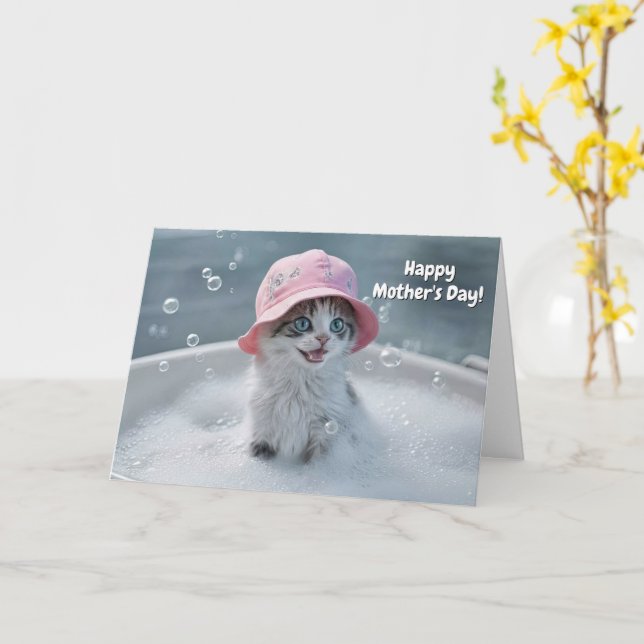 Mothers Day Cute and Fun Cat Bubble Bath Card (Yellow Flower)