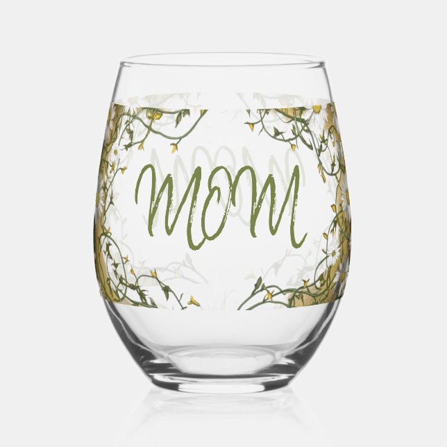 Mother's Day Daisy Wreath Design Stemless Wine Glass (Front)