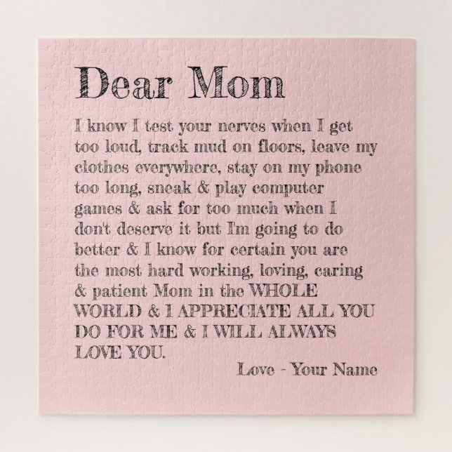 Mothers Day Dear Mum Letter Pink Typography Jigsaw Puzzle (Vertical)