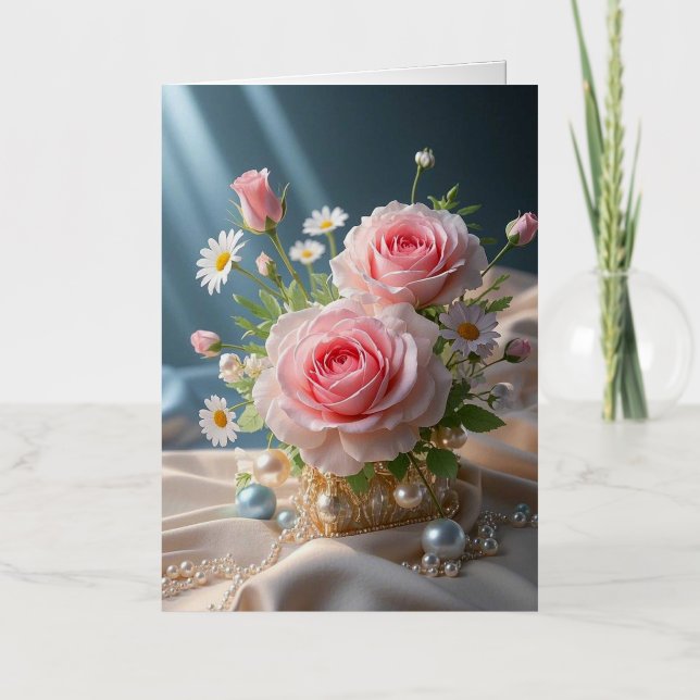 Mothers day Delicate pink roses and white daisies  Foil Greeting Card (Front)