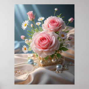 Mothers day Delicate pink roses and white daisies Poster