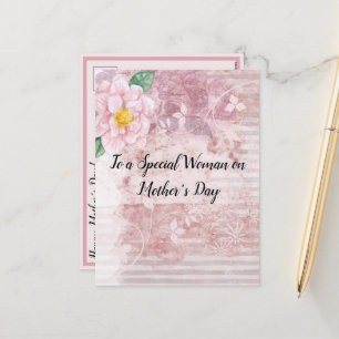 Mother's Day Distressed Vintage Pink Green Flowers Holiday Postcard