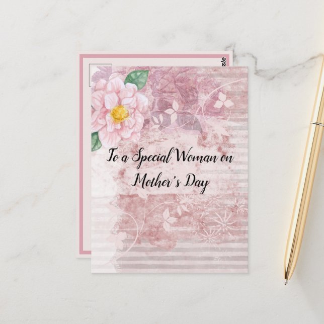 Mother's Day Distressed Vintage Pink Green Flowers Postcard (Front/Back In Situ)