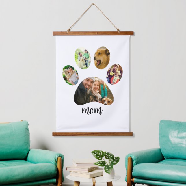 Mothers Day Dog mum | 5 Paw Print Photo Collage Hanging Tapestry (Living Room)
