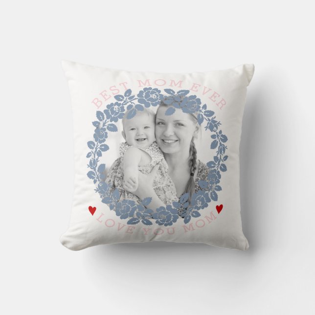 Mothers Day dusty blue rose wreath pink photo Cushion (Front)