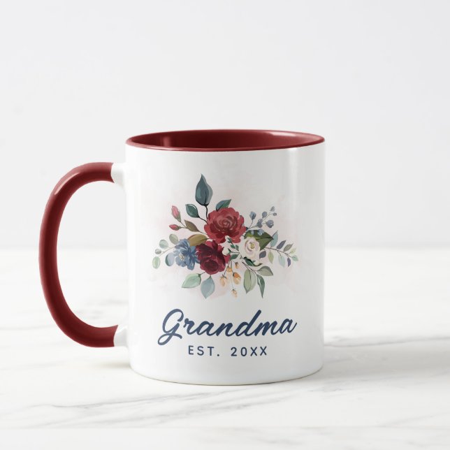 Mothers Day Elegant Burgundy Floral Script Grandma Mug (Left)