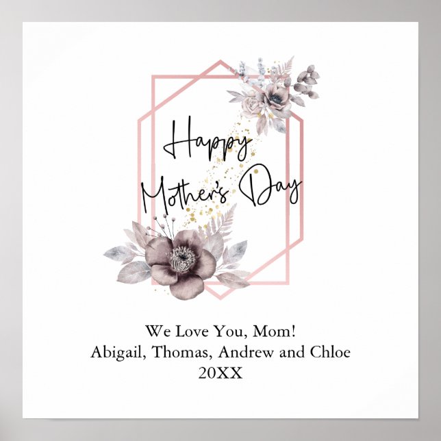 Mother's day Elegant Grey Pink Floral Personalised Poster (Front)