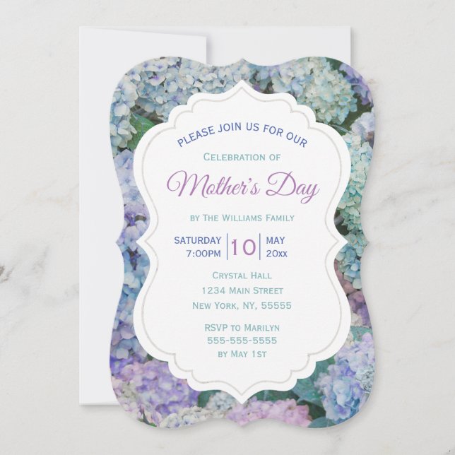 Mother's Day Floral Blue Hydrangea Party Invitation (Front)
