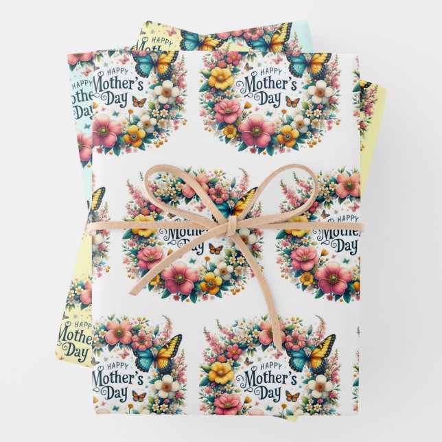 Mother's Day Floral Wreath with Butterfly 3 Colour Wrapping Paper Sheet (In situ)