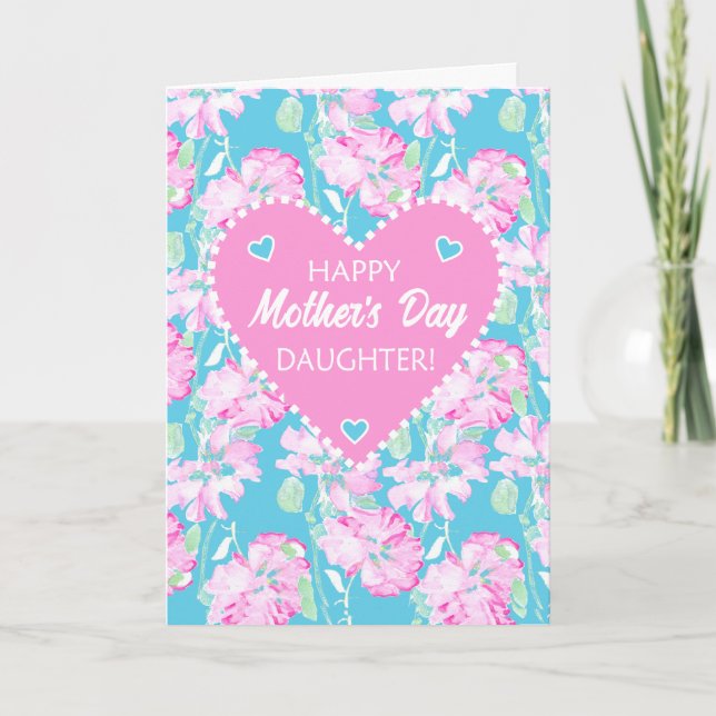 Mothers Day For Daughter Pink Roses on Blue Card (Front)