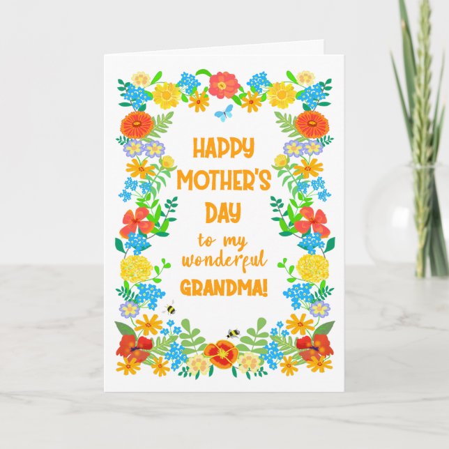 Mothers Day For Grandma with Pretty Floral Border Card (Front)