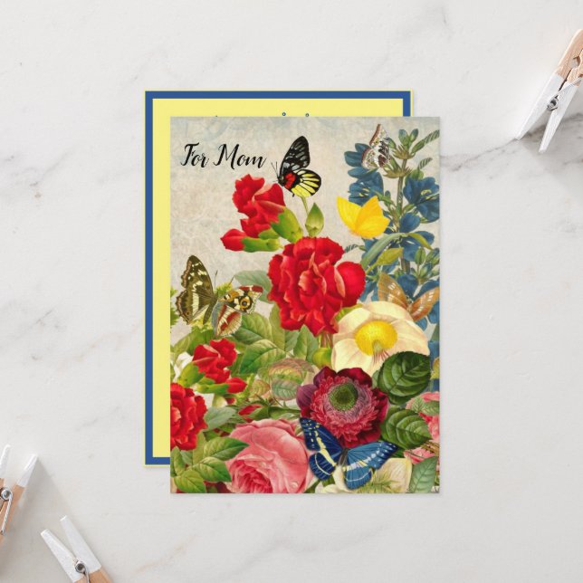 Mother's Day Garden Carnations Roses Butterflies Invitation (Front/Back In Situ)