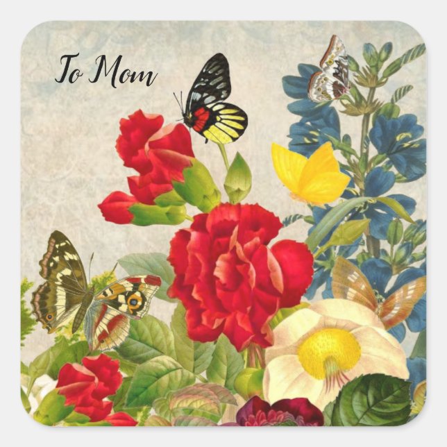 Mother's Day Garden Carnations Roses Butterflies Square Sticker (Front)