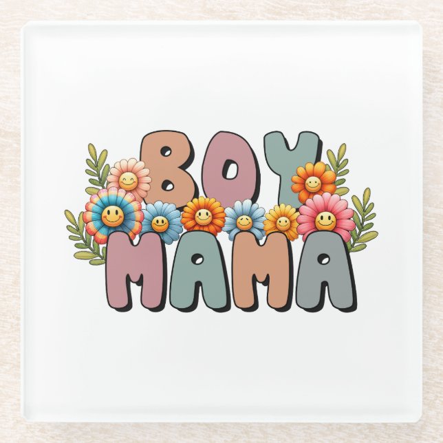 Mother's Day Gift | Boy Mama Glass Coaster (Front)