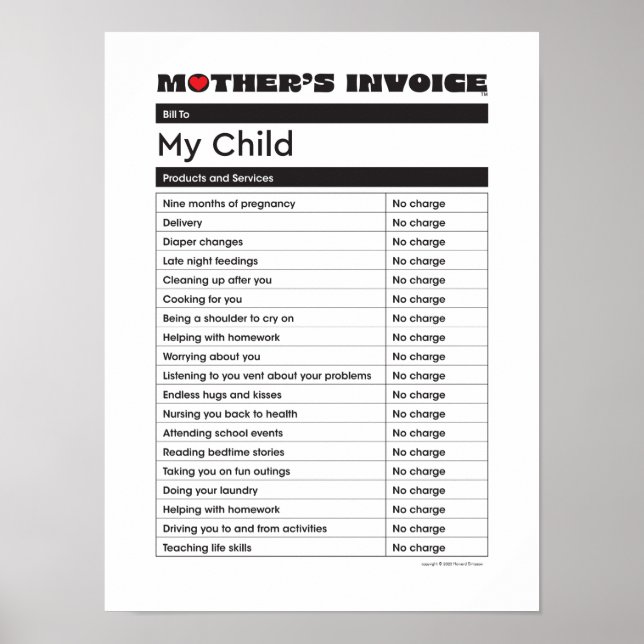 Mother's Day Gift - Love Invoice from Mum Poster (Front)