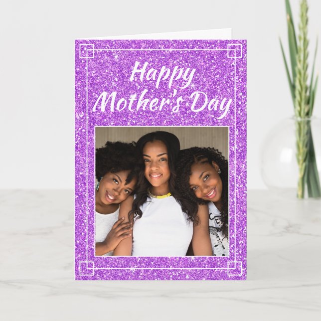 Mother's Day Girly Glitter Custom Family Photo Card (Front)