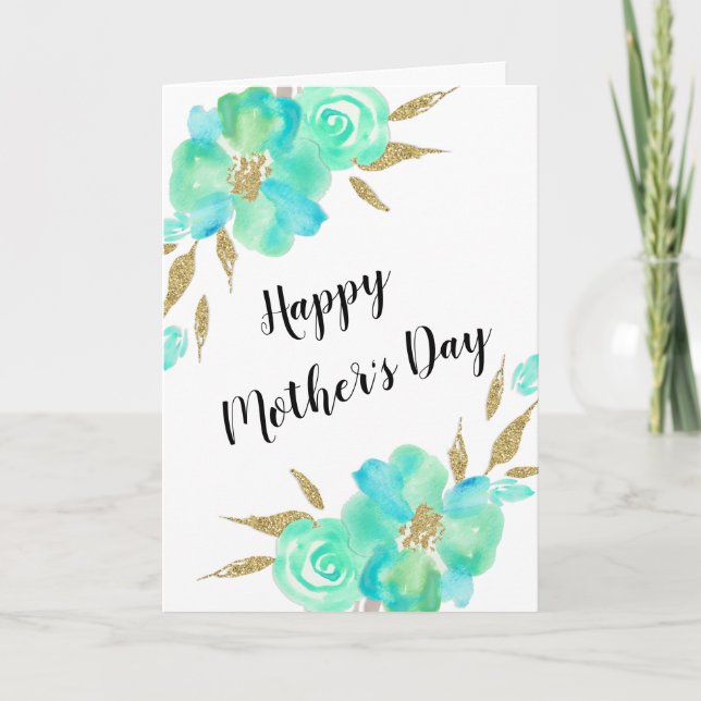 Mother's Day Gold Teal Blue Floral Custom Design Card (Front)