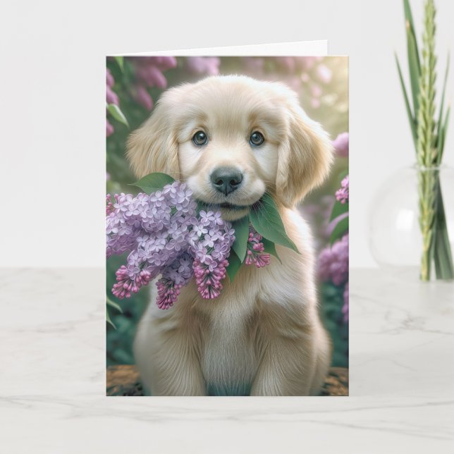Mother's Day Golden Retriever Puppy With Lilacs Card (Front)