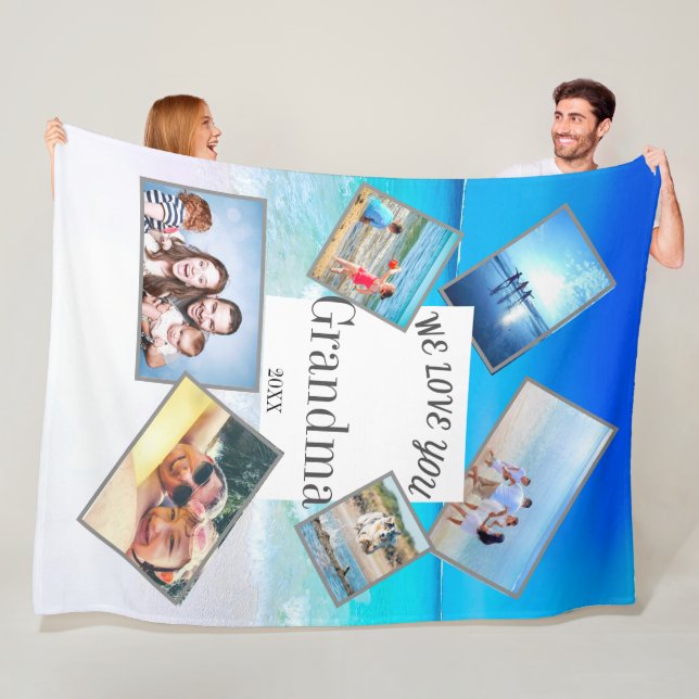 Mothers Day Grandma Family Photo Beach Scene Fleece Blanket (In Situ)