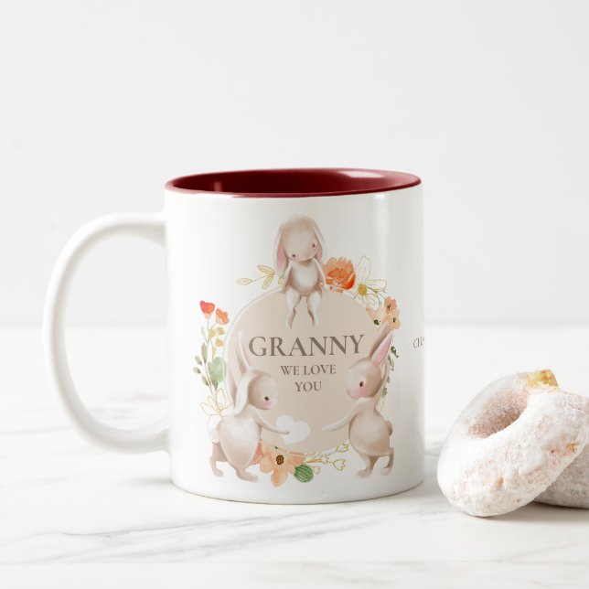 Mothers Day Granny We Love You Bunny Rabbit Floral Two-Tone Coffee Mug (With Donut)