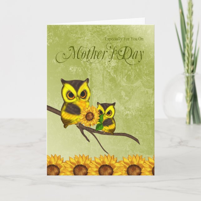 Mother's Day Greeting Card With Owls And Sunflower (Front)