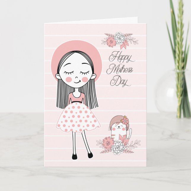 Mother's Day in Pink Black with Girl and Cat Holiday Card (Front)