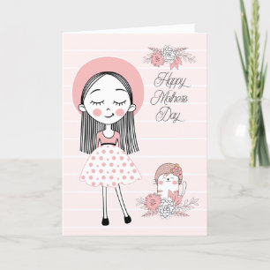 Mother's Day in Pink Black with Girl and Cat Holiday Card