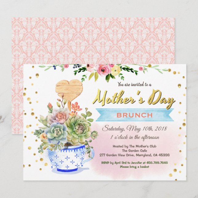 Mother's day invitation. Watercolor succulent Invitation (Front/Back)