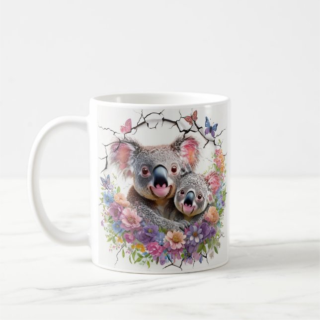 Mother's day Koalas Surrounded By Vibrant Floral  Coffee Mug (Left)