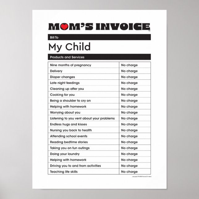 Mother's Day Love Mum Invoice - Gift Poster (Front)