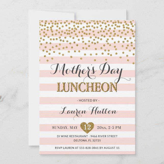 Mother's Day Luncheon Elegant Blush Pink and Gold Invitation (Front)