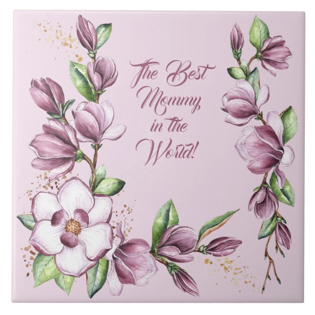 Mother's Day Magnolia Flowers Watercolor Tile (Front)