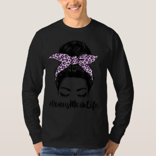 Mother's Day Messy Bun Hair Bonus Mum Life Leopard T-Shirt